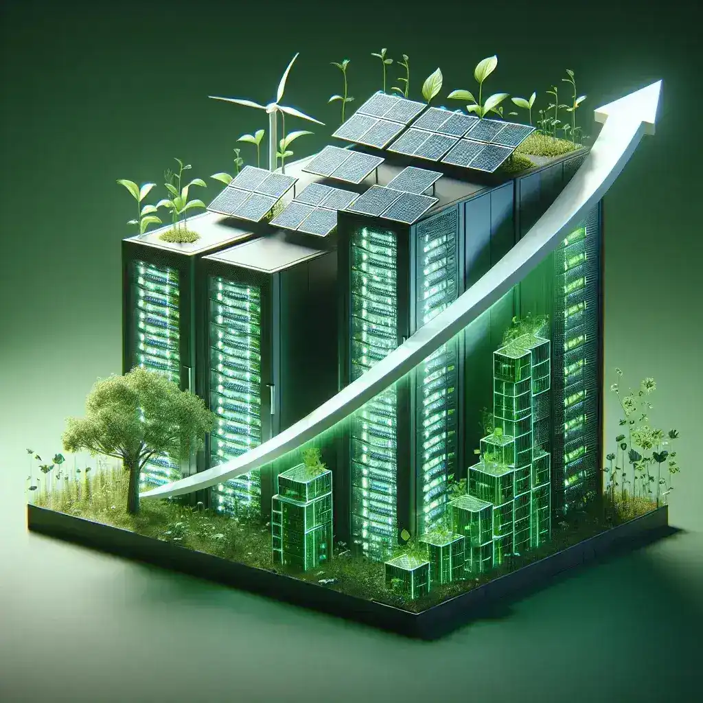 "Gráfico ilustrativo mostrando o crescimento da demanda por data centers sustentáveis em 2023, destacando tendências e benefícios ambientais."