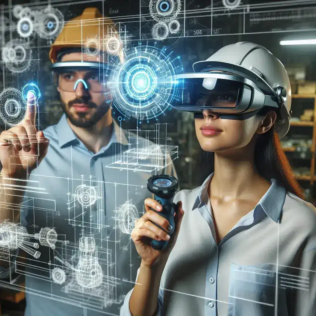 "Estudantes utilizando tecnologia de realidade aumentada em um laboratório de engenharia de um curso técnico, aprimorando suas habilidades práticas através da simulação de projetos."